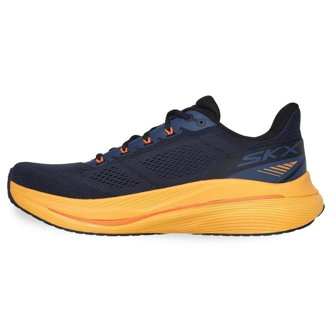 Tênis Skechers Max Cushioning masculino em azul marinho com detalhes laranja, vista lateral, material sintético e fechamento em cadarço.
